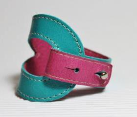 Bi-Color Leather Bracelet In Turquoise and Deep Pink / Magenta Leather Cuff
