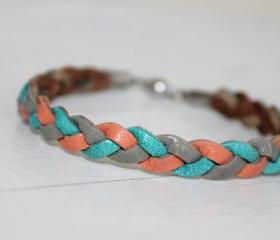 Tri-Color Braided Leather Bracelet / Grey Turquoise ,Coral Pink