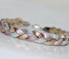 Tri-Color Braided Leather Bracelet / Metallic Pink ,Gold, Silver